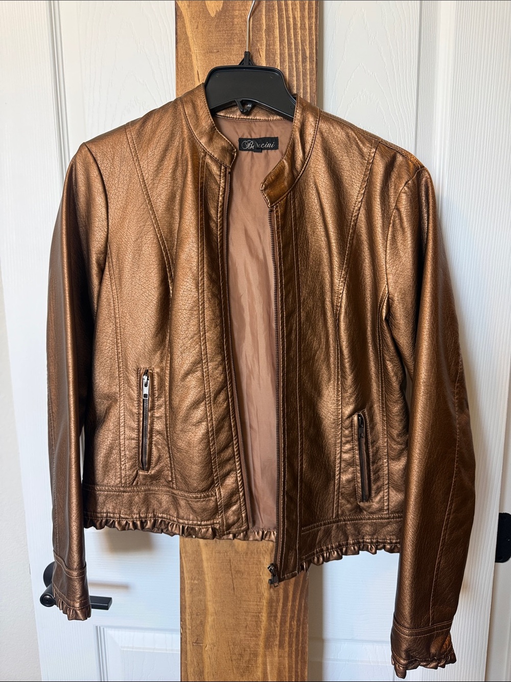Baccini Metallic Bronze Collarless Leather Jacket